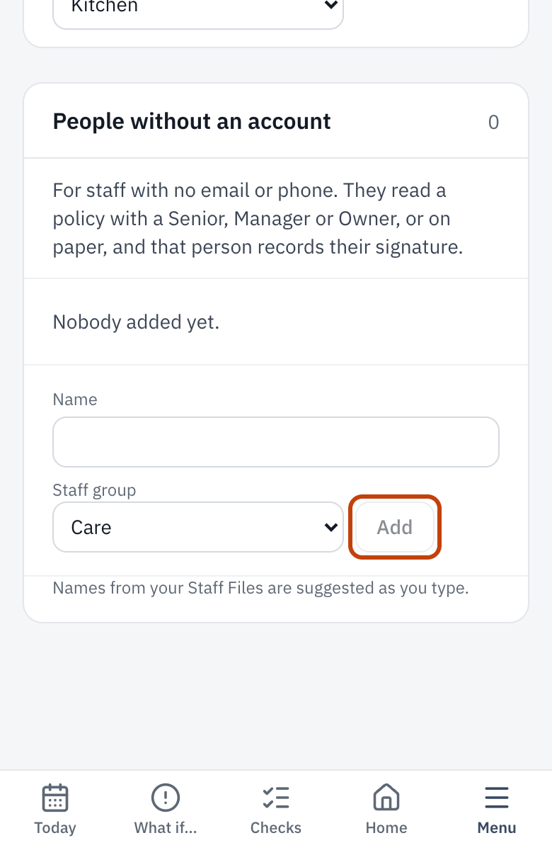 Staff groups: each person’s group, and Add for someone without an account.