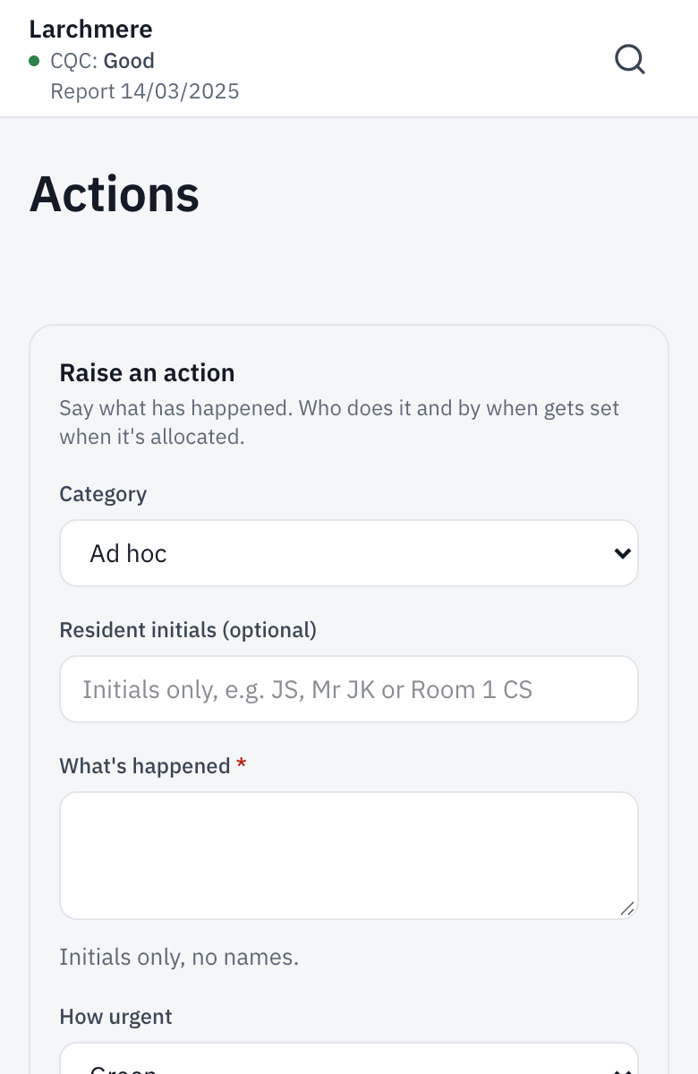 The Raise an action form: category, resident initials, what’s happened, how urgent.