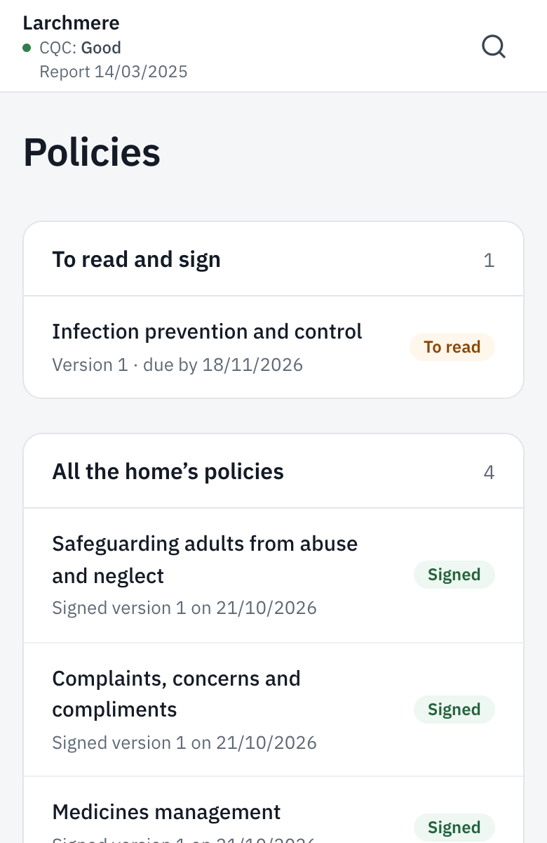 The Policies screen, with To read and sign at the top.