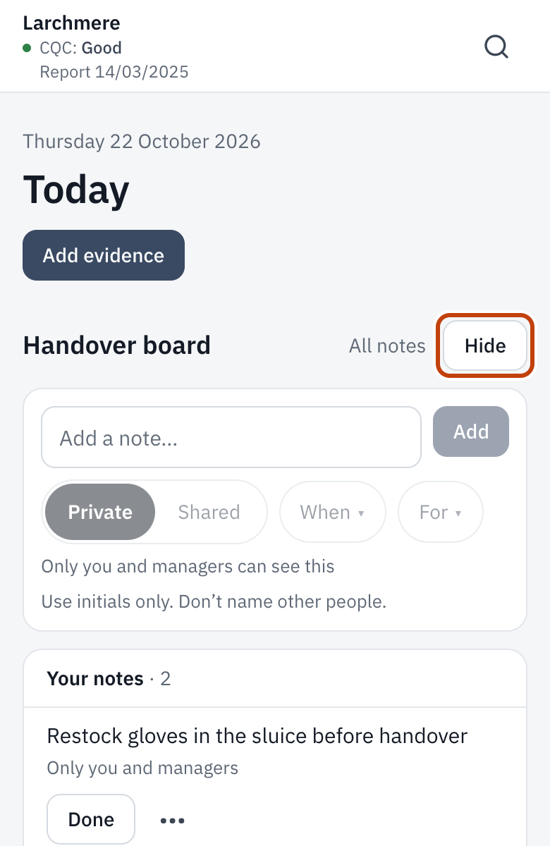 The handover board open, with Hide at the top.