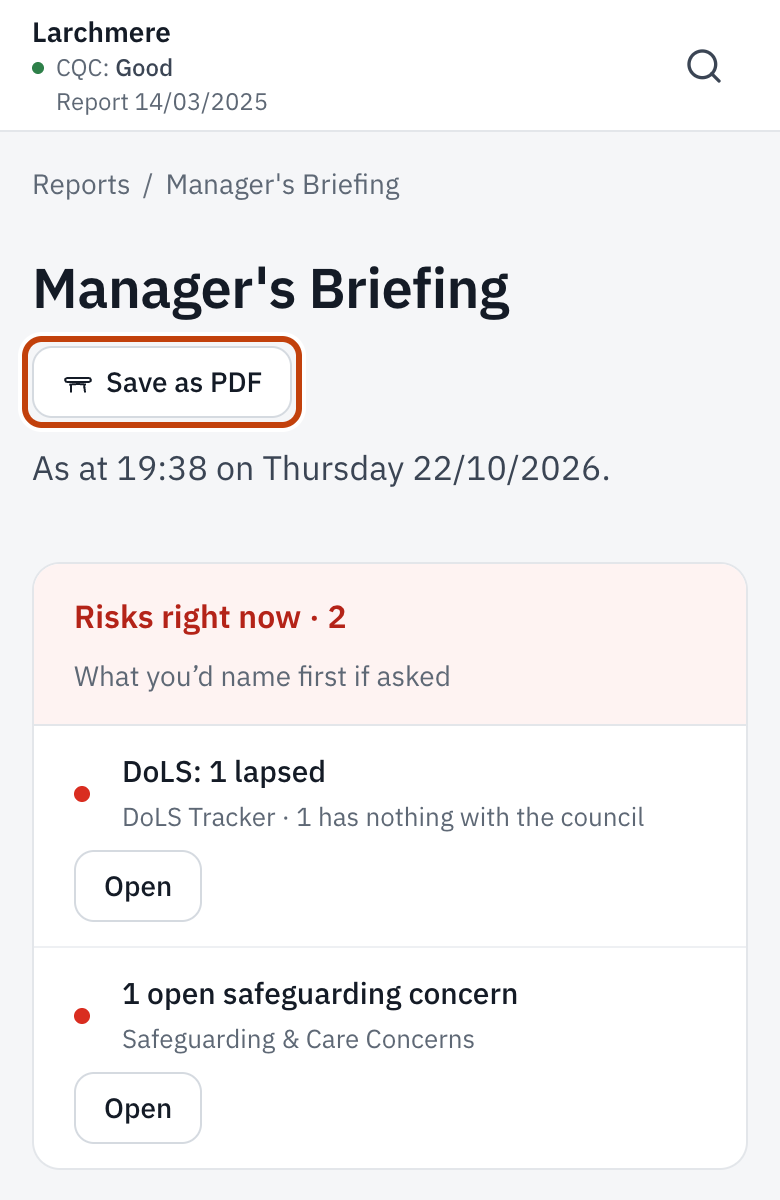 The Manager’s Briefing, with Save as PDF.