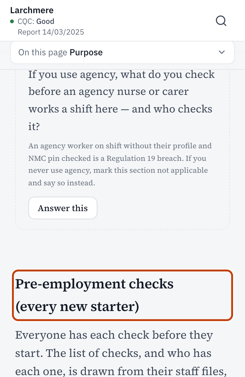 The Safe Recruitment page, with each pre-employment check counted from the staff files.