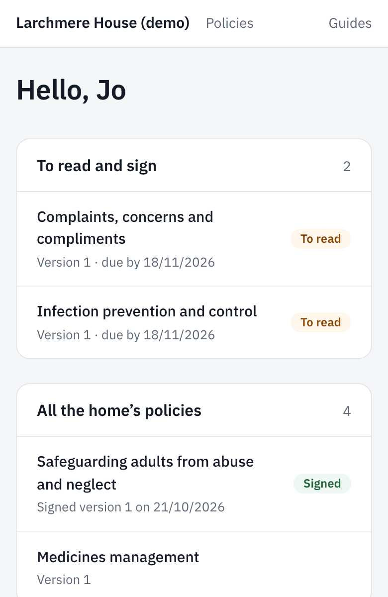 Your policies, with To read and sign at the top.