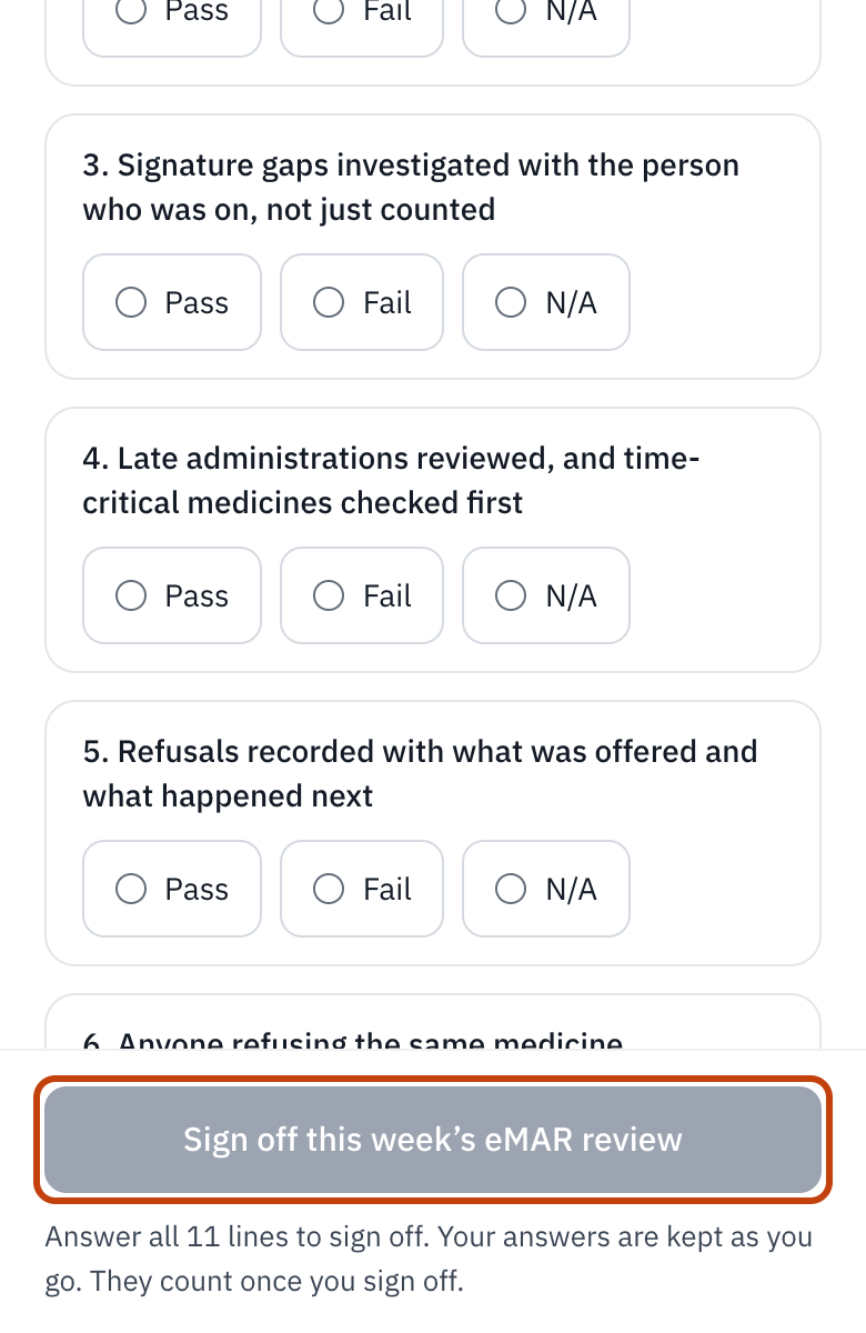 A checklist’s sign-off button at the bottom of the panel.