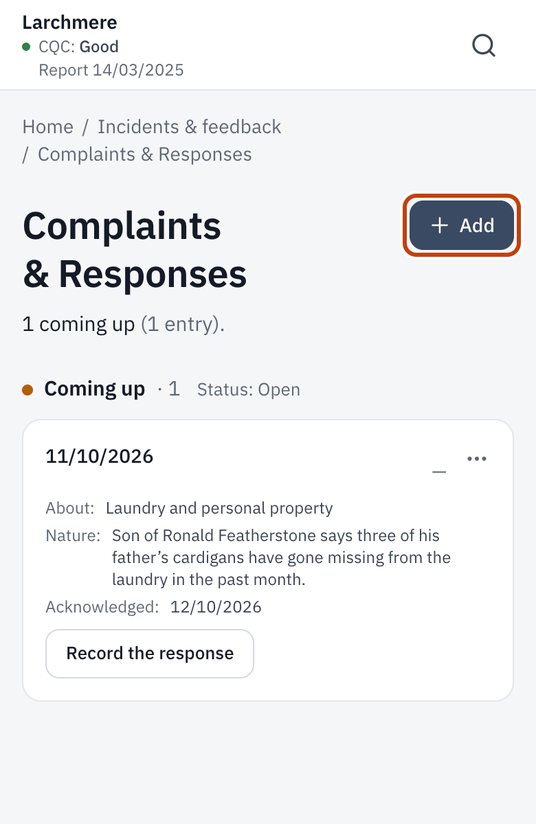Complaints & Responses, with Log complaint.
