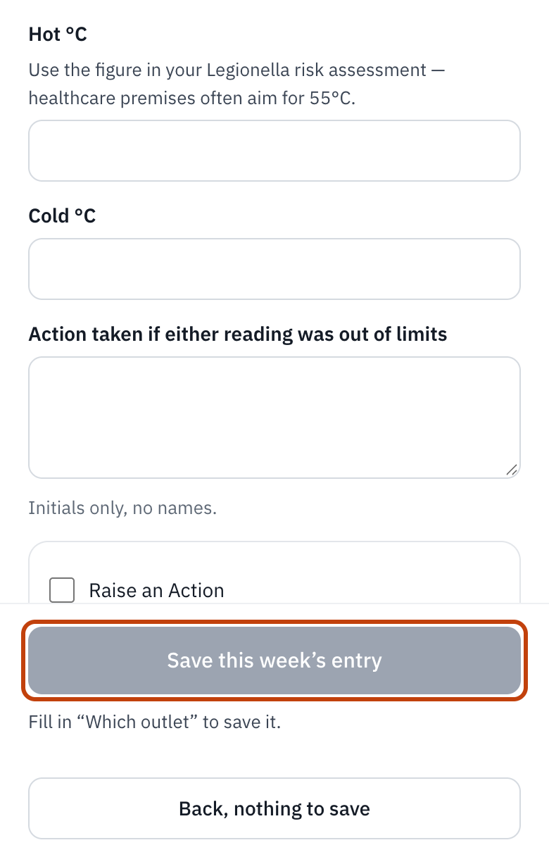 A water temperature log, with its save button outlined.