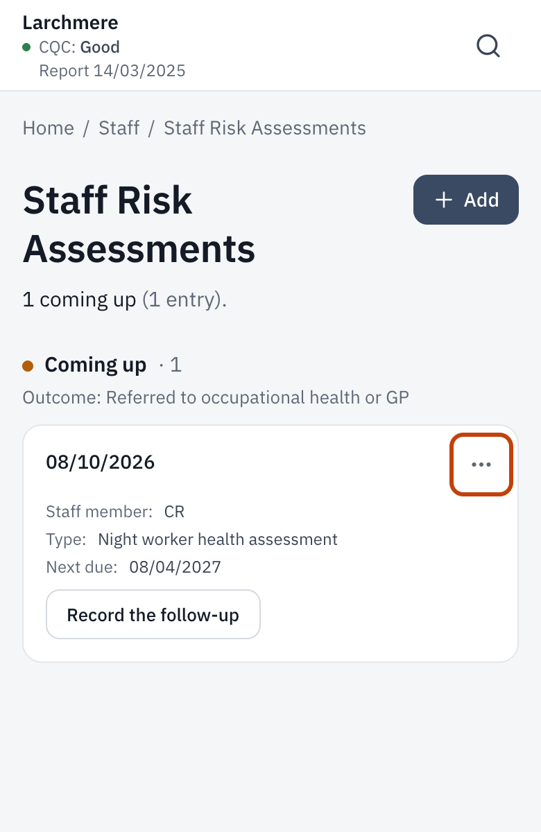Staff Risk Assessments, with the ⋯ menu on a referred row that holds Record the reply.
