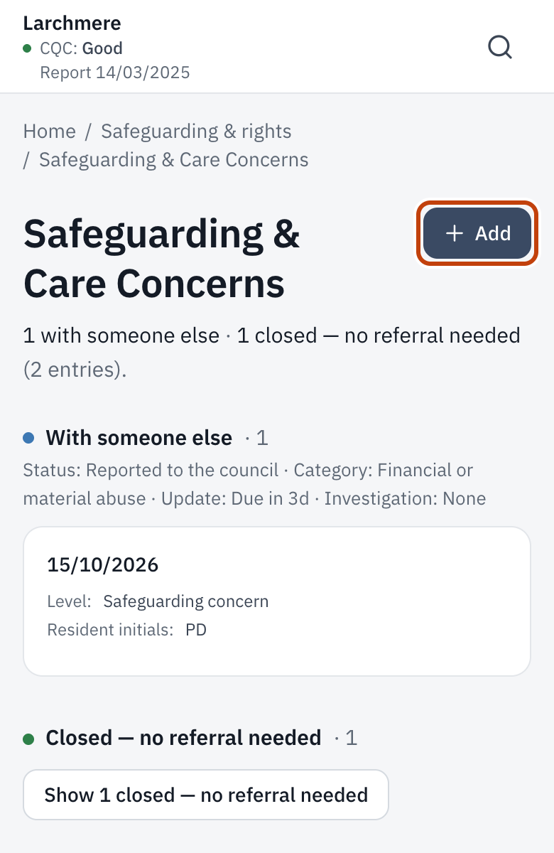 Safeguarding & Care Concerns, with Log concern.