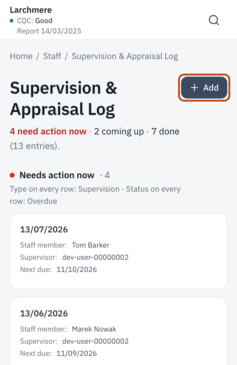The Supervision & Appraisal Log, with Log a supervision or appraisal.