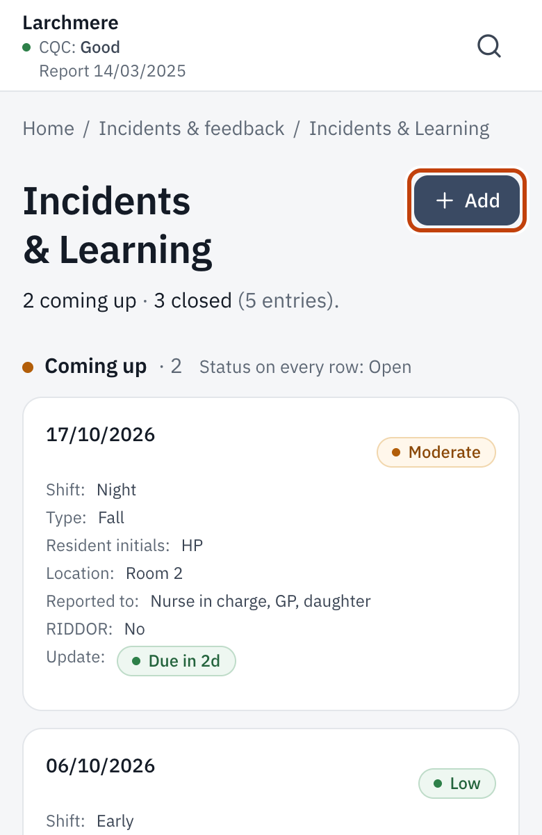 Incidents & Learning, with Log incident at the top.