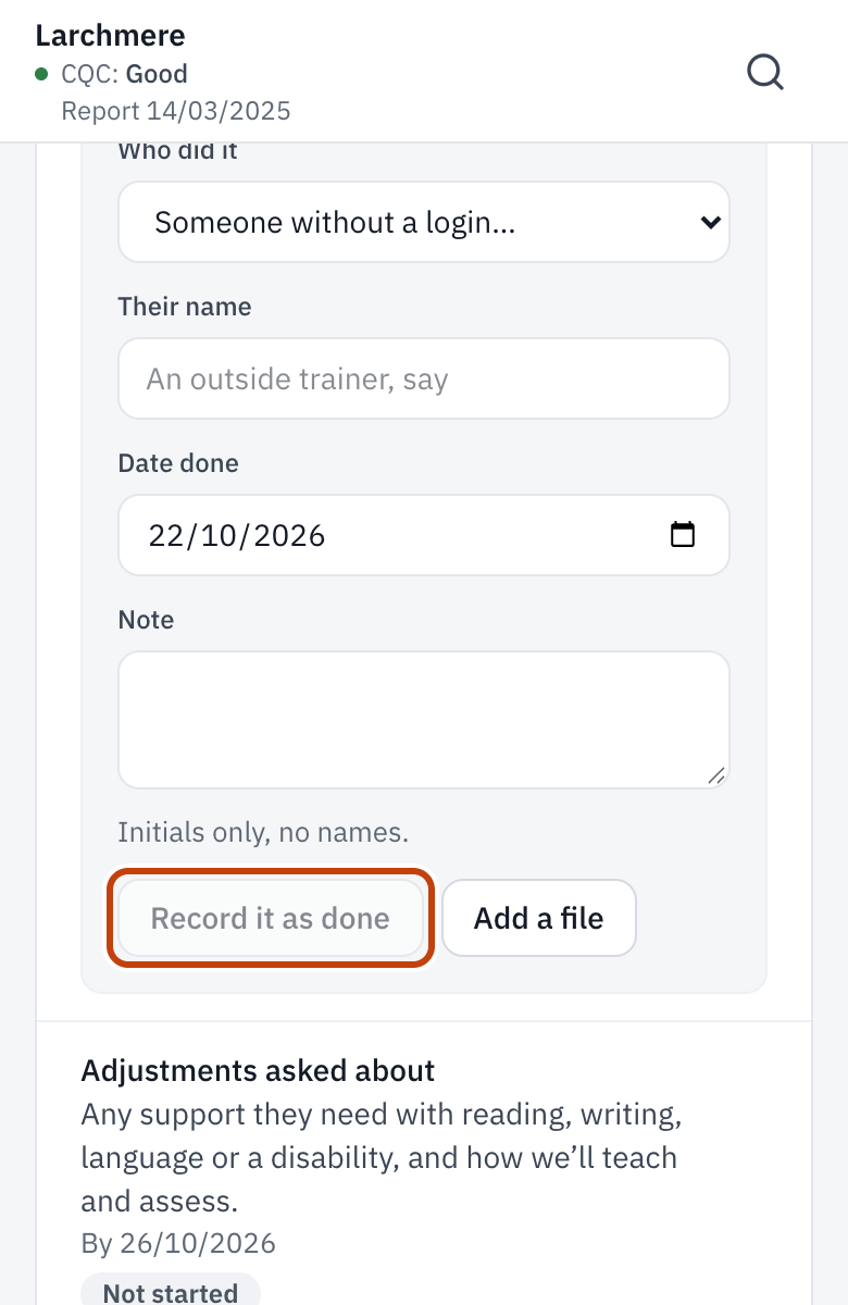 An induction step opened: who did it, the date, a note and Record it as done.