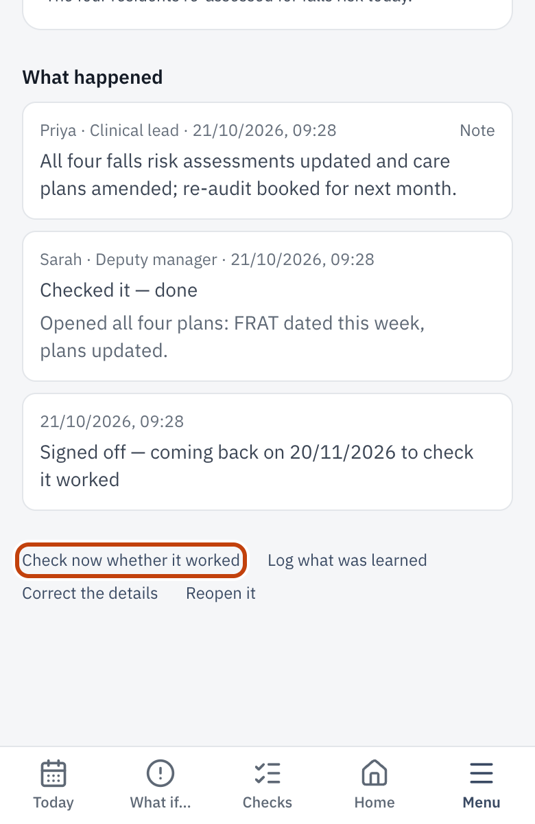A closed Action, with Check now whether it worked.