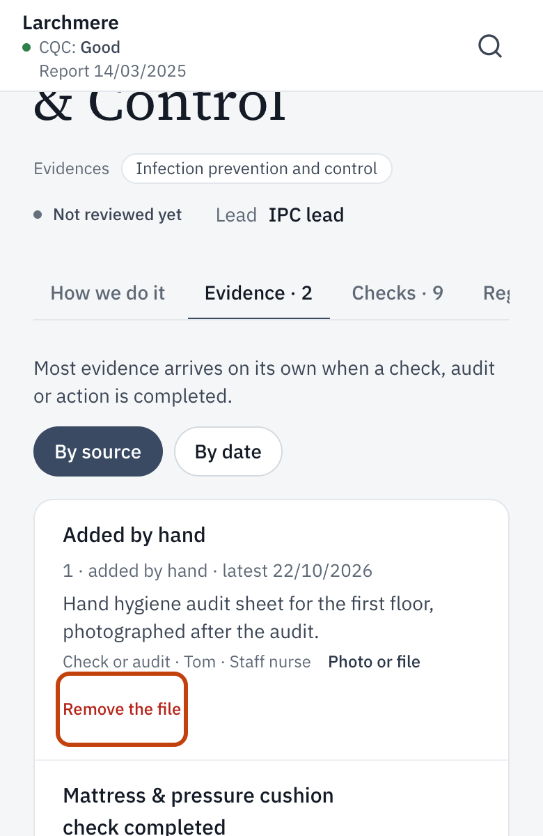An evidence entry with a photo, and Remove the file outlined.