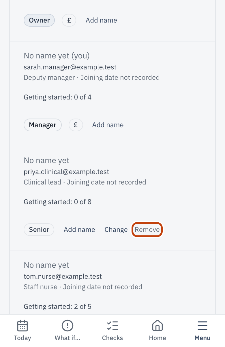 Your team in Team & access, with Remove beside each person a Manager can remove.