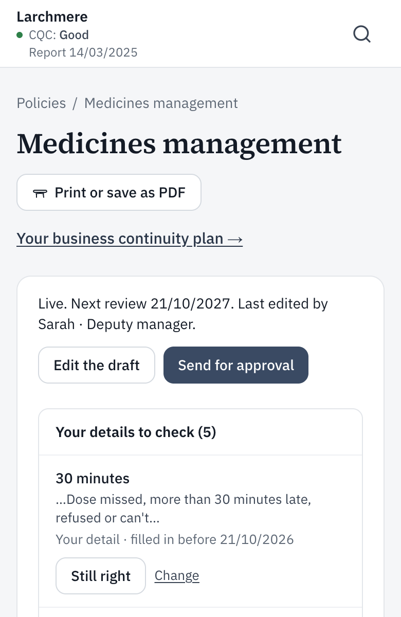A live policy as a manager sees it, with its review date.