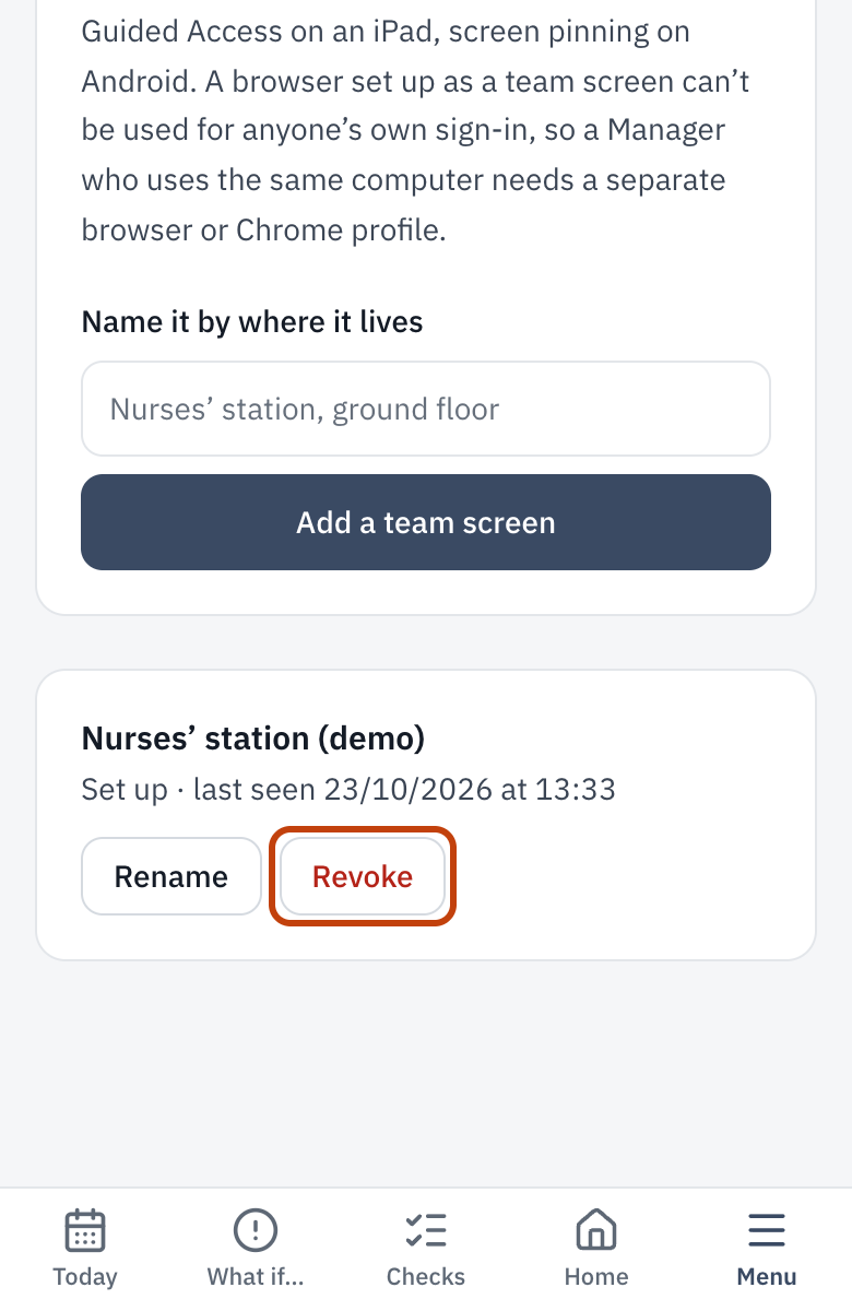 A team screen on Settings, with when it was last seen, who used it lately, and Revoke.