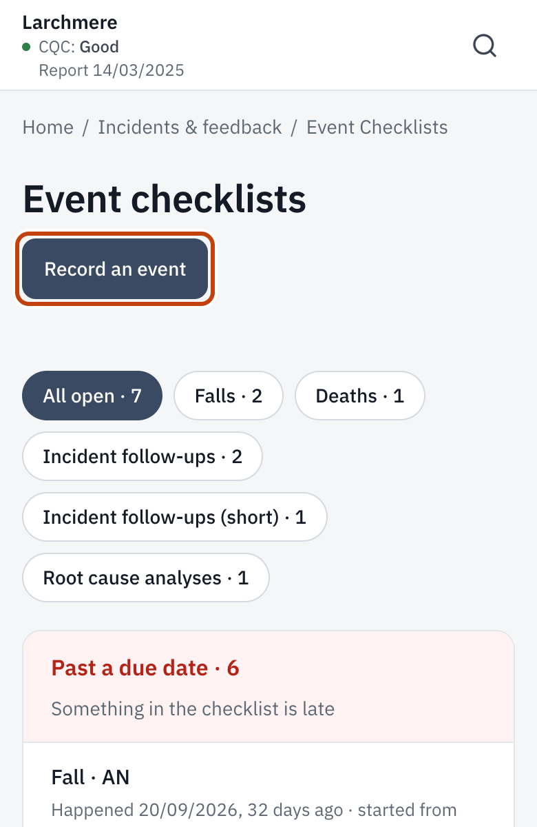 Event Checklists, with Record an event outlined.