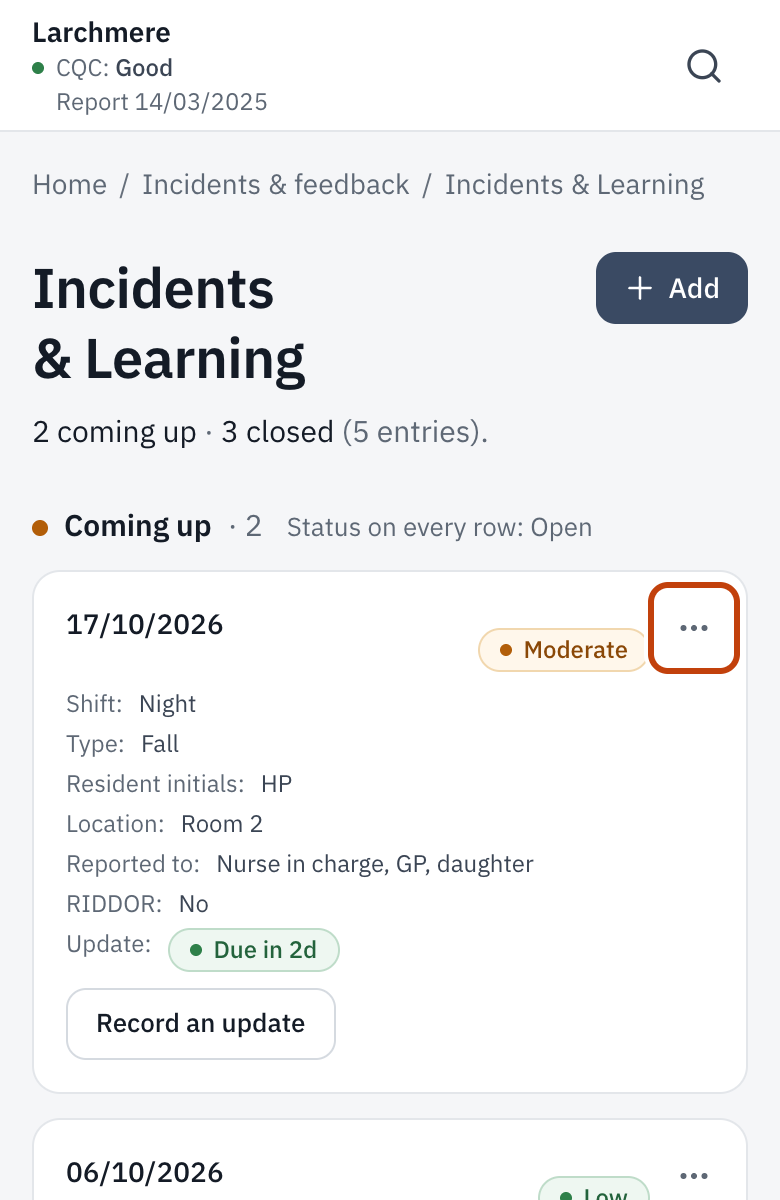 An incident’s row, with the ⋯ menu that holds Investigate it.