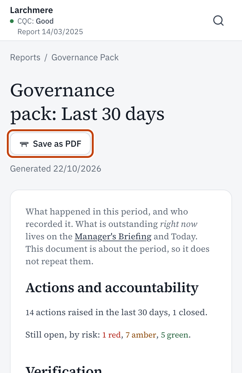 The governance pack, with Save as PDF outlined.