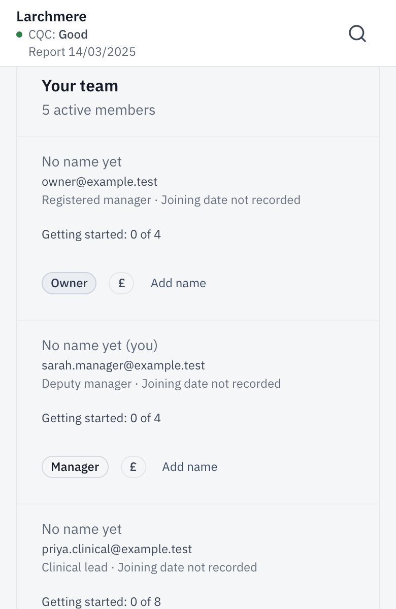 Your team, with each person’s Getting started progress.