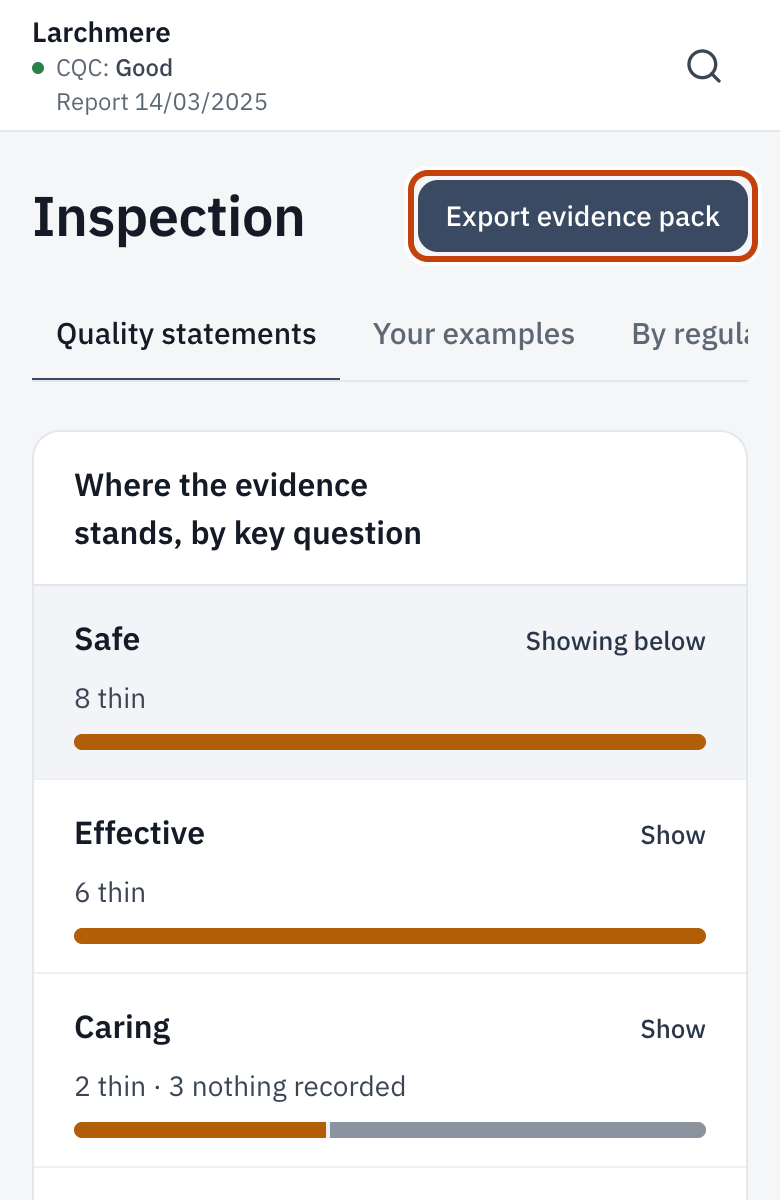 Inspection, by key question, with Export evidence pack outlined.