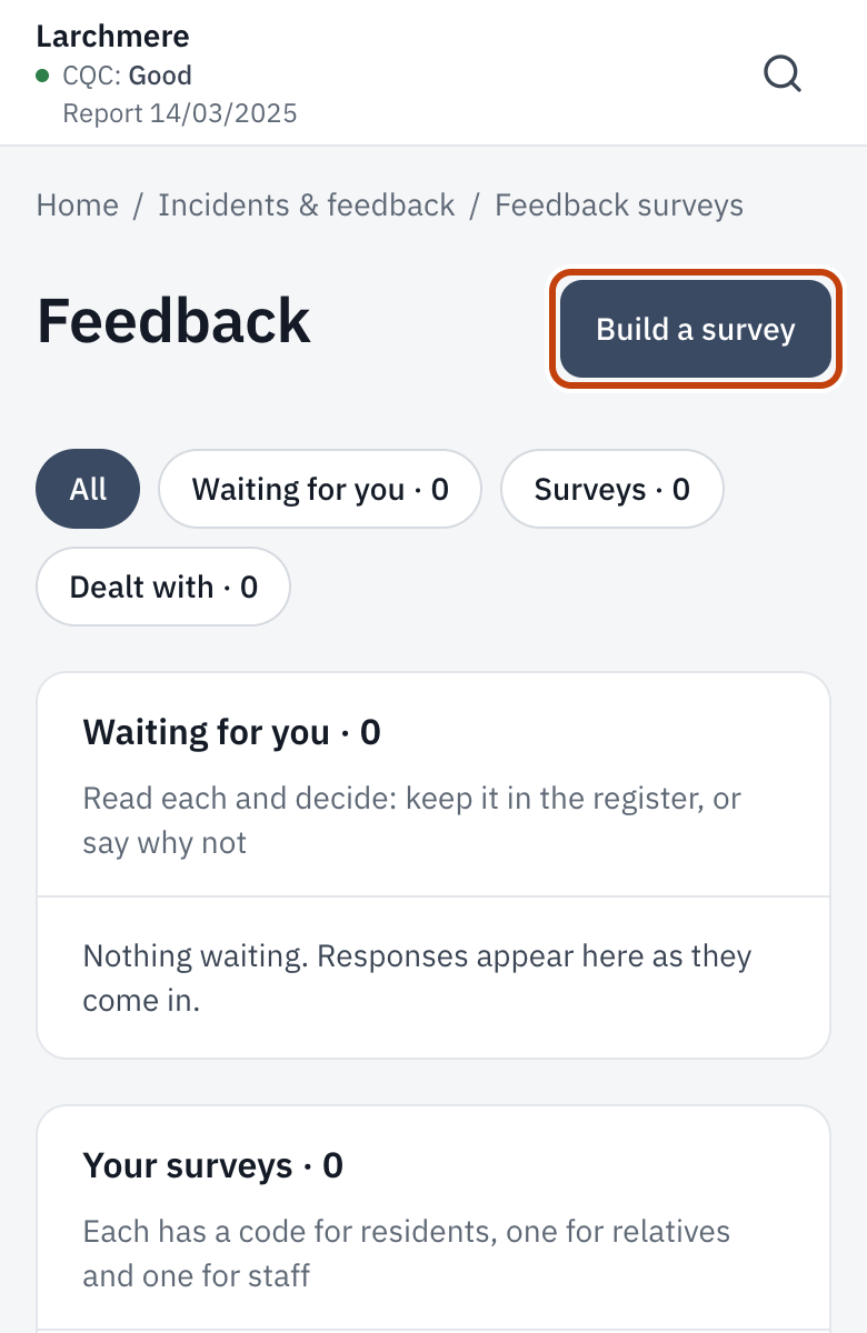 Feedback, with Build a survey, Waiting for you and Your surveys.