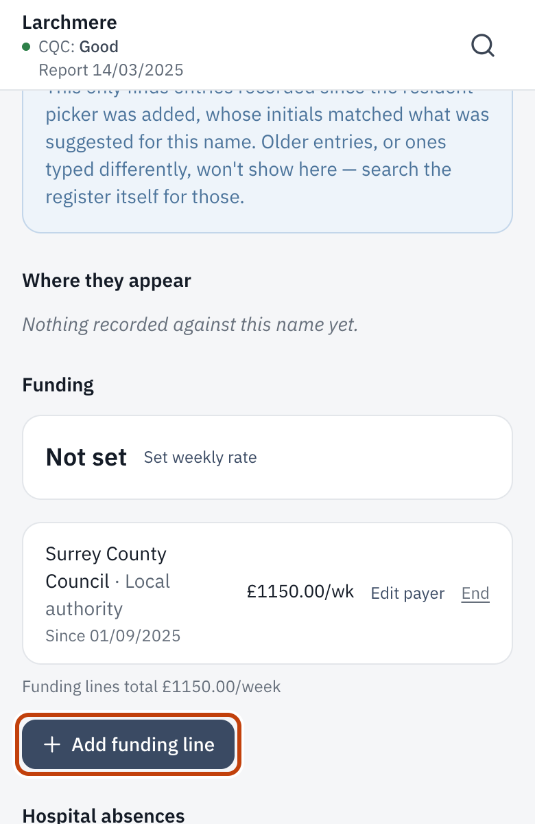 A resident’s full record, with Funding and Add funding line.