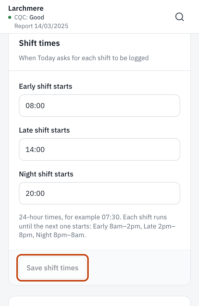 Shift times in Settings, with Save shift times.
