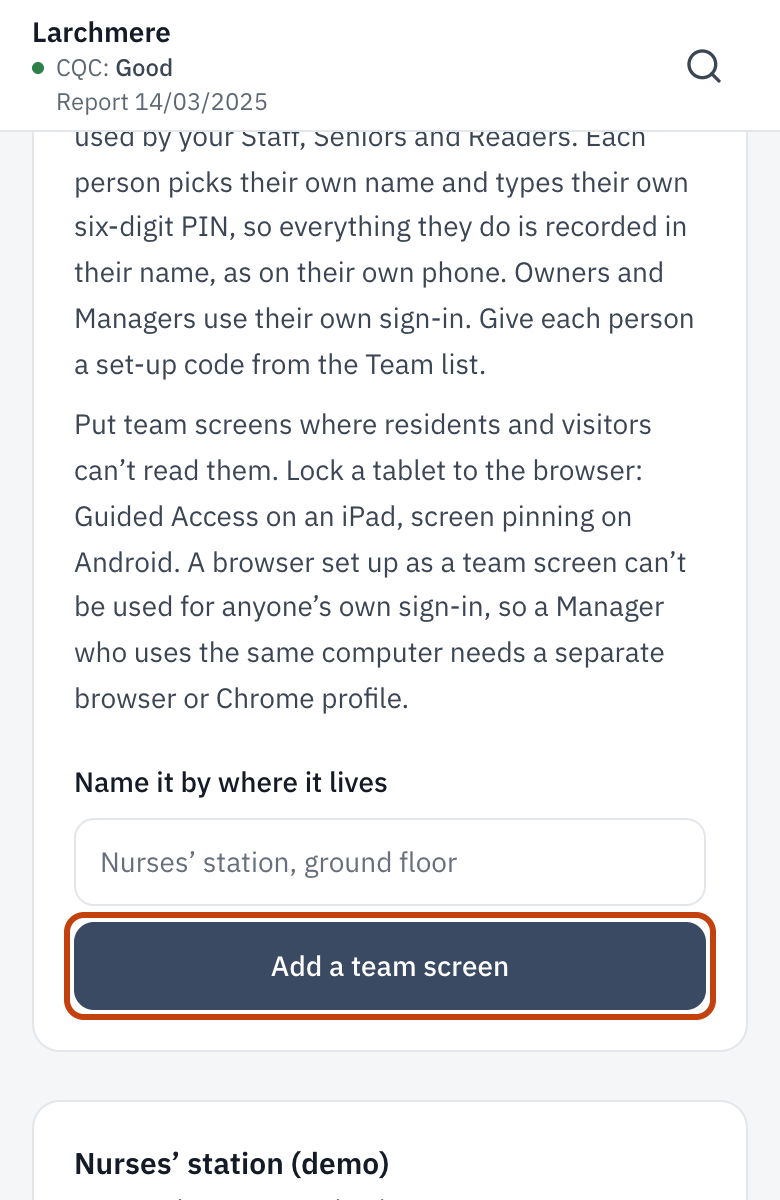 Team screens in Settings, with the name box and Add a team screen.