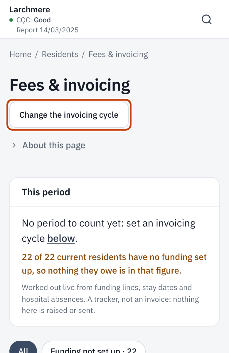 Fees & invoicing, with Change the invoicing cycle.