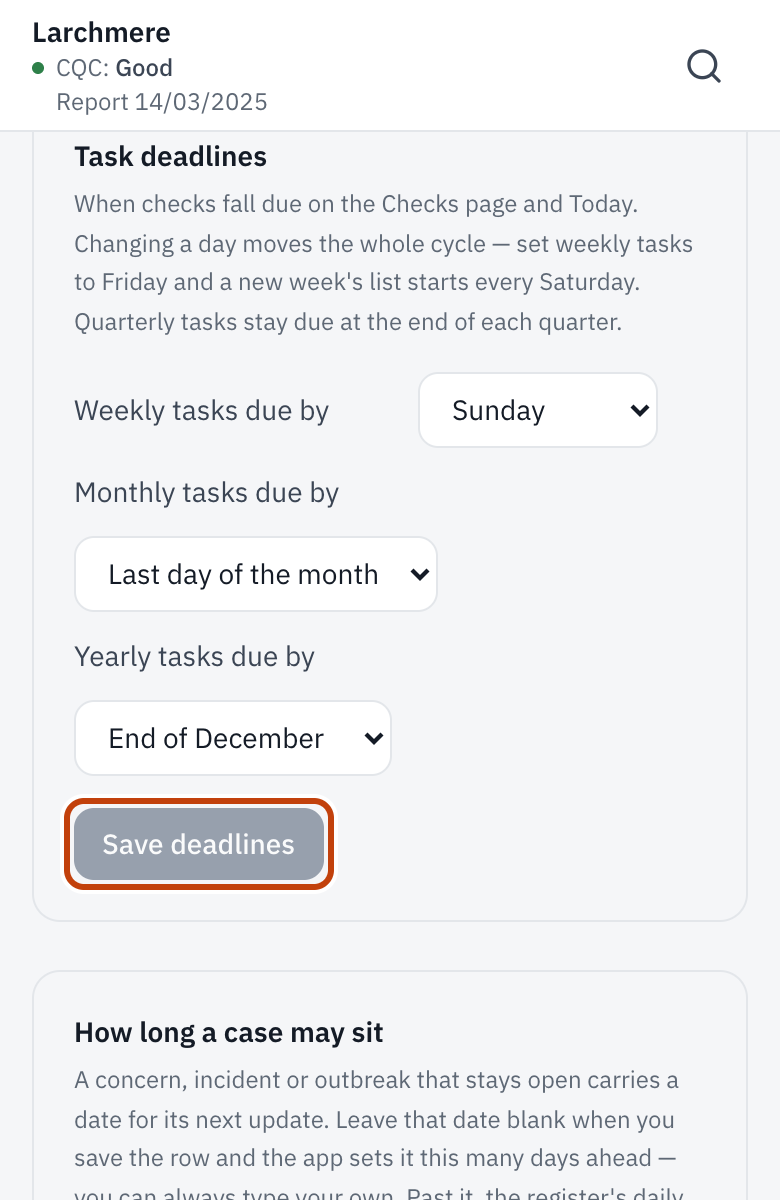 Task deadlines in Checks & tasks, with Save deadlines.