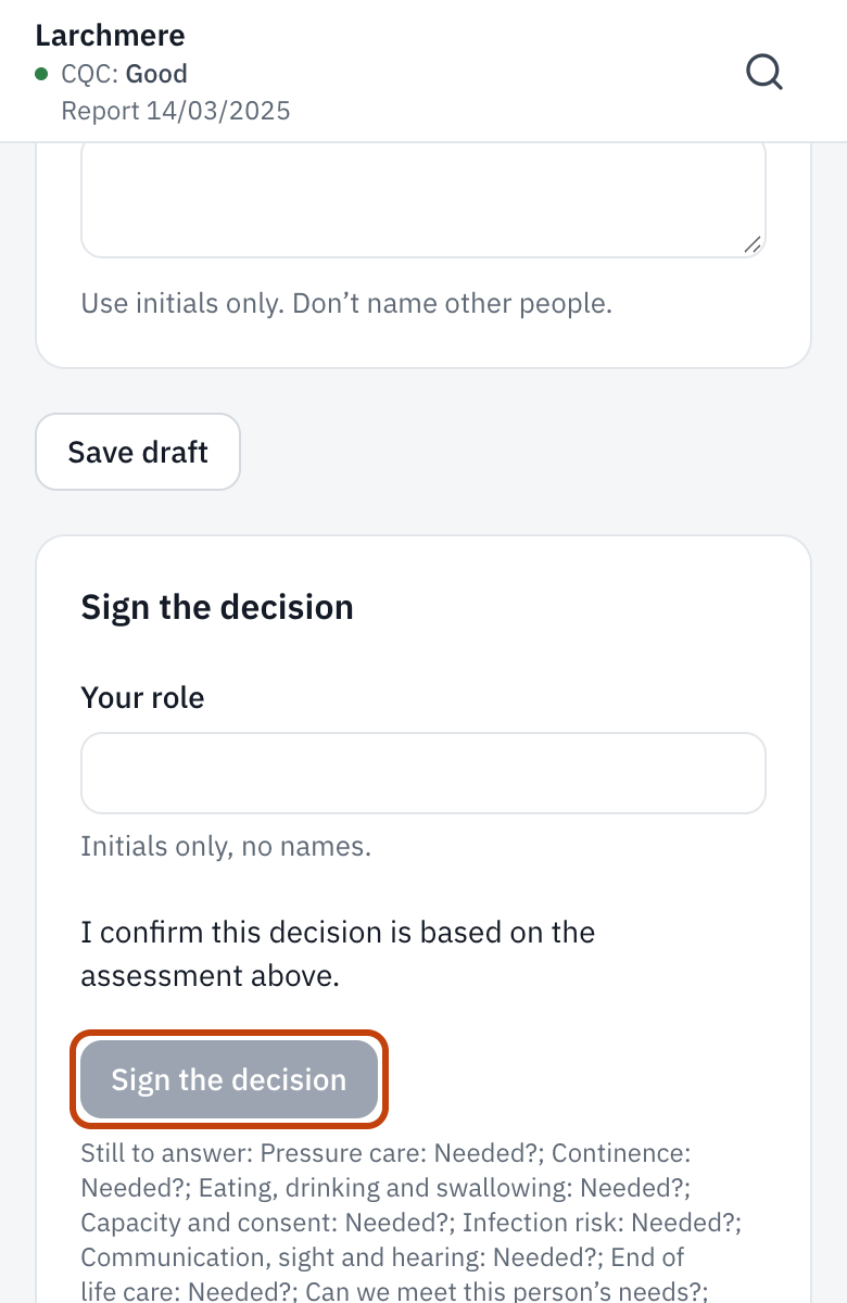 A pre-admission assessment, with Sign the decision at the end.