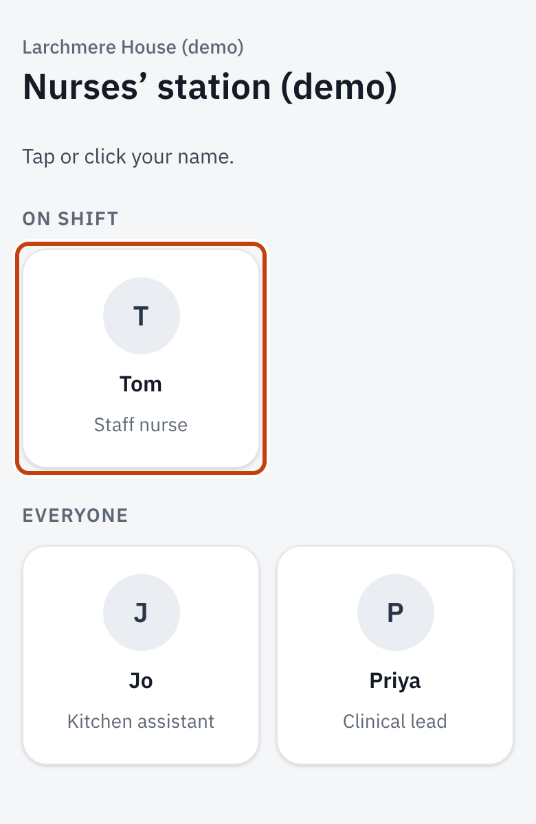 The names on a team screen, each with their initials and job title.