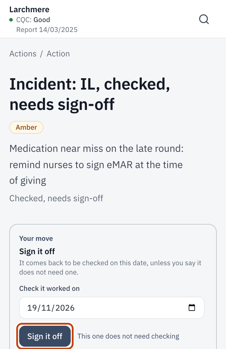 A checked Action, with Sign it off.