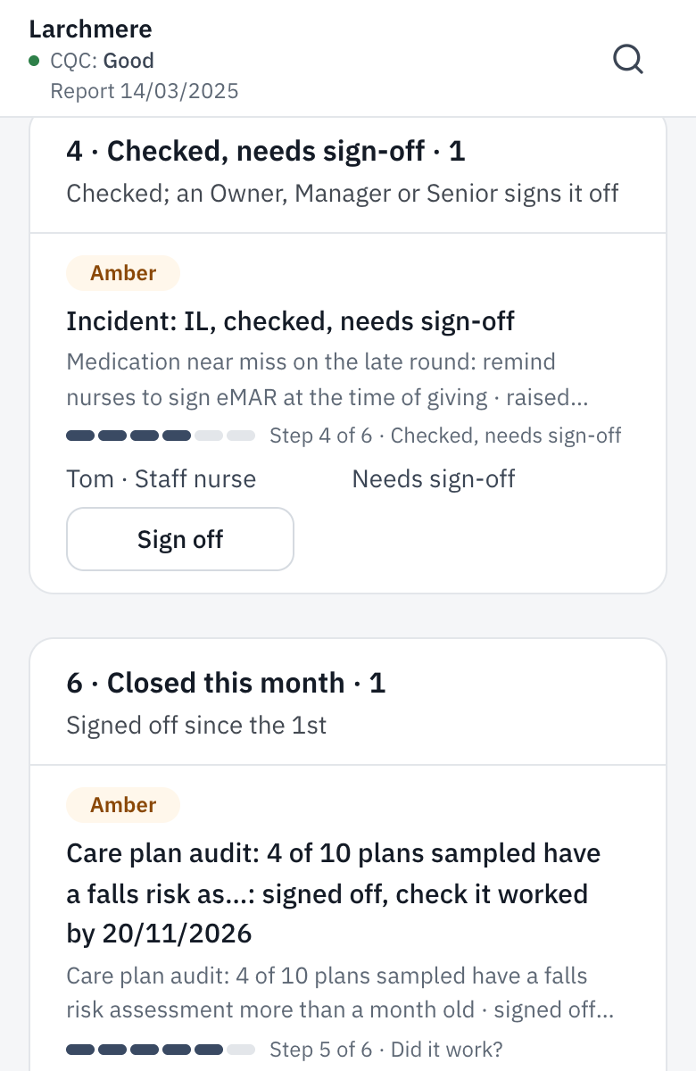 Actions, with the ones checked and waiting for sign-off.