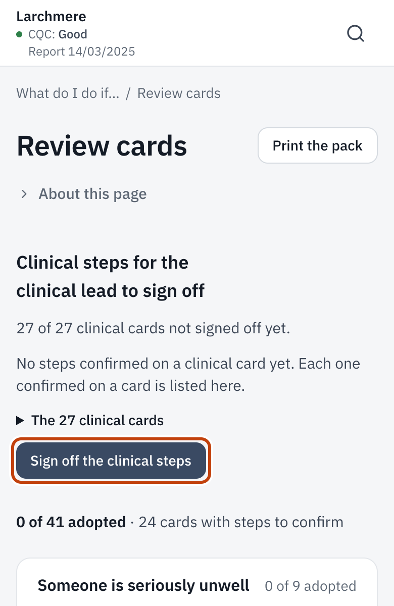 Review cards, with Sign off the clinical steps.