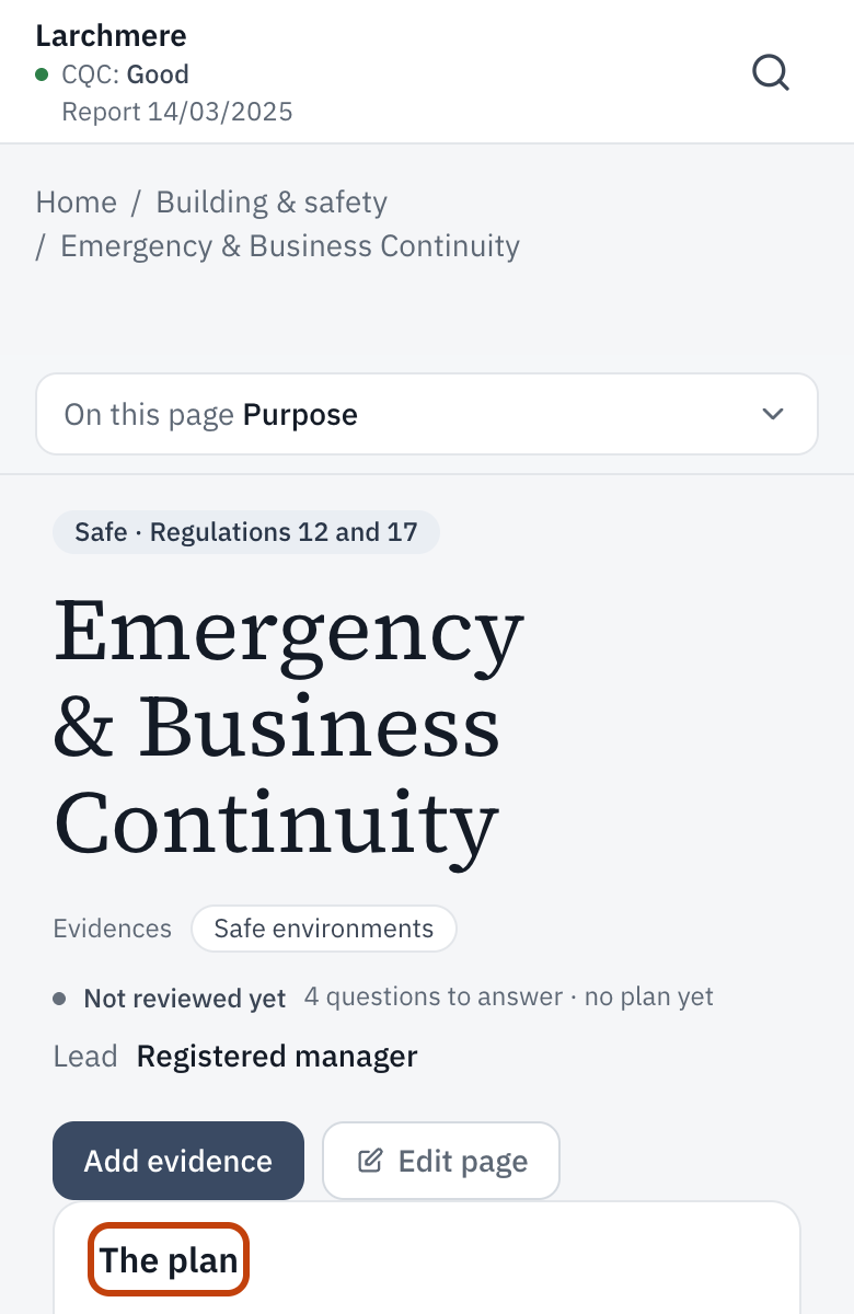 The plan on Emergency & Business Continuity, where Sign it off appears once there is a version.