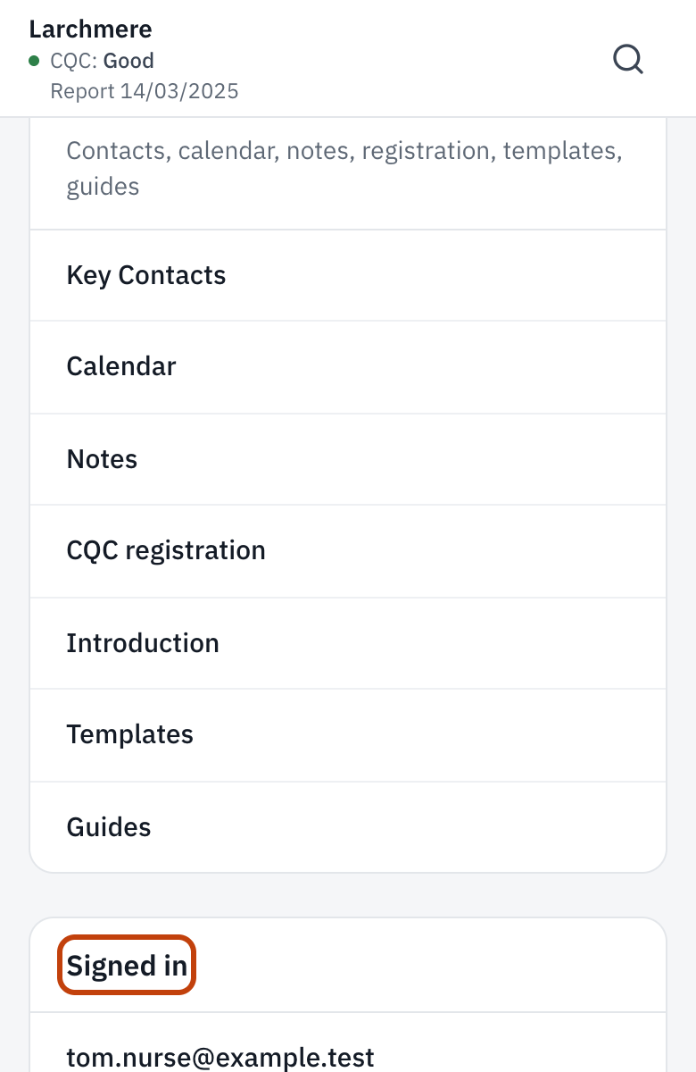 Menu on a phone. Signed in, at the bottom, holds your email and Sign out.