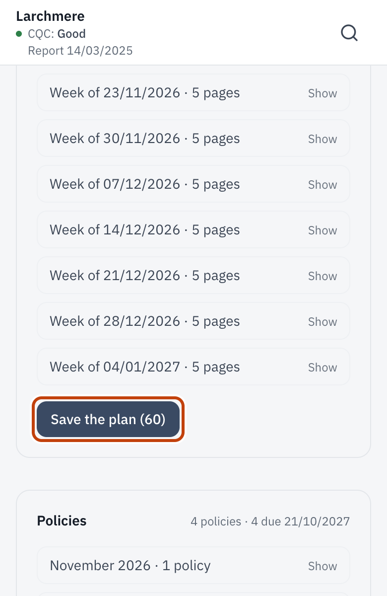 Spread review dates, with Save the plan outlined.