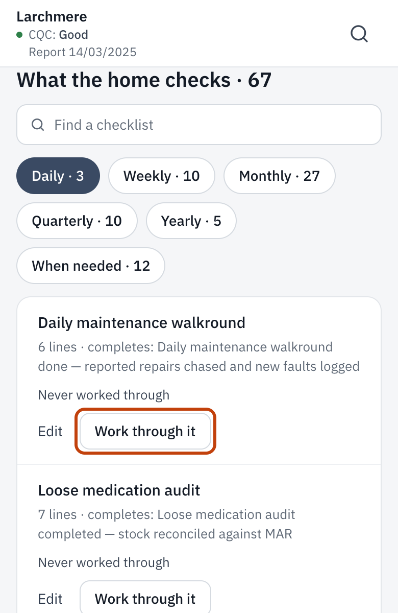The Checklists page, with Work through it outlined.