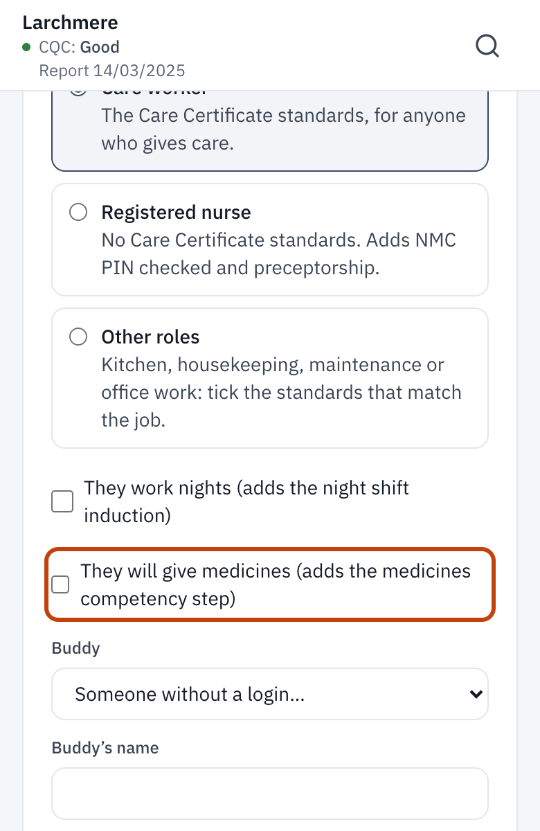 Starting an induction: start date, programme, nights, the medicines tick and buddy.