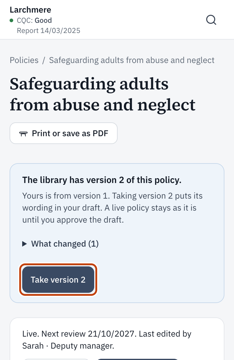 The library has version 2 of this policy, What changed, and Take version 2.