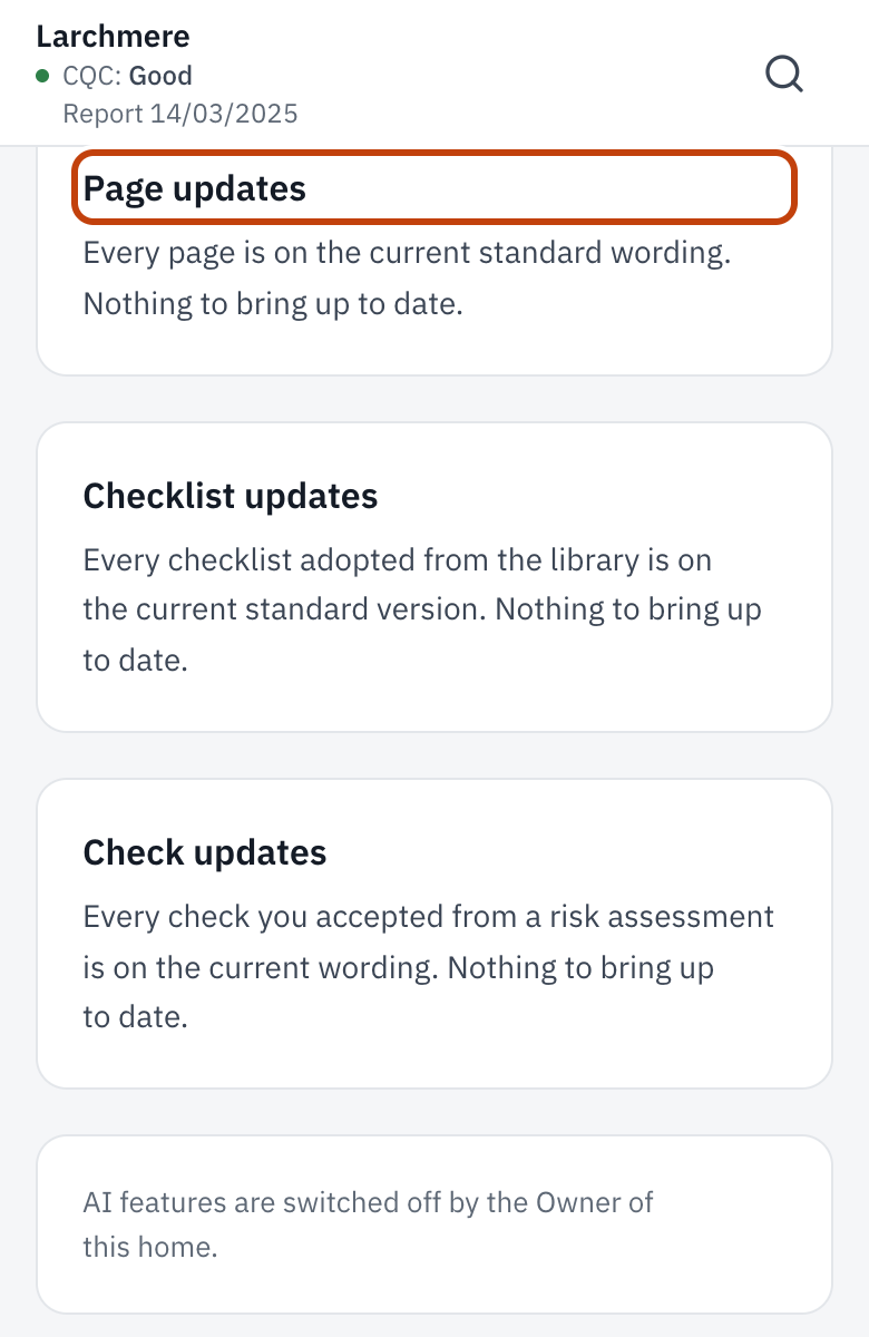 Settings, Data & updates, with Page updates outlined.