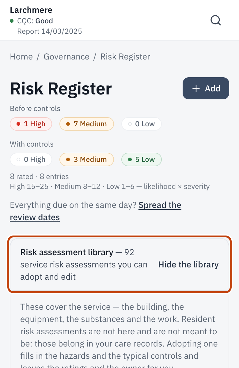 The Risk Register with the risk assessment library open.