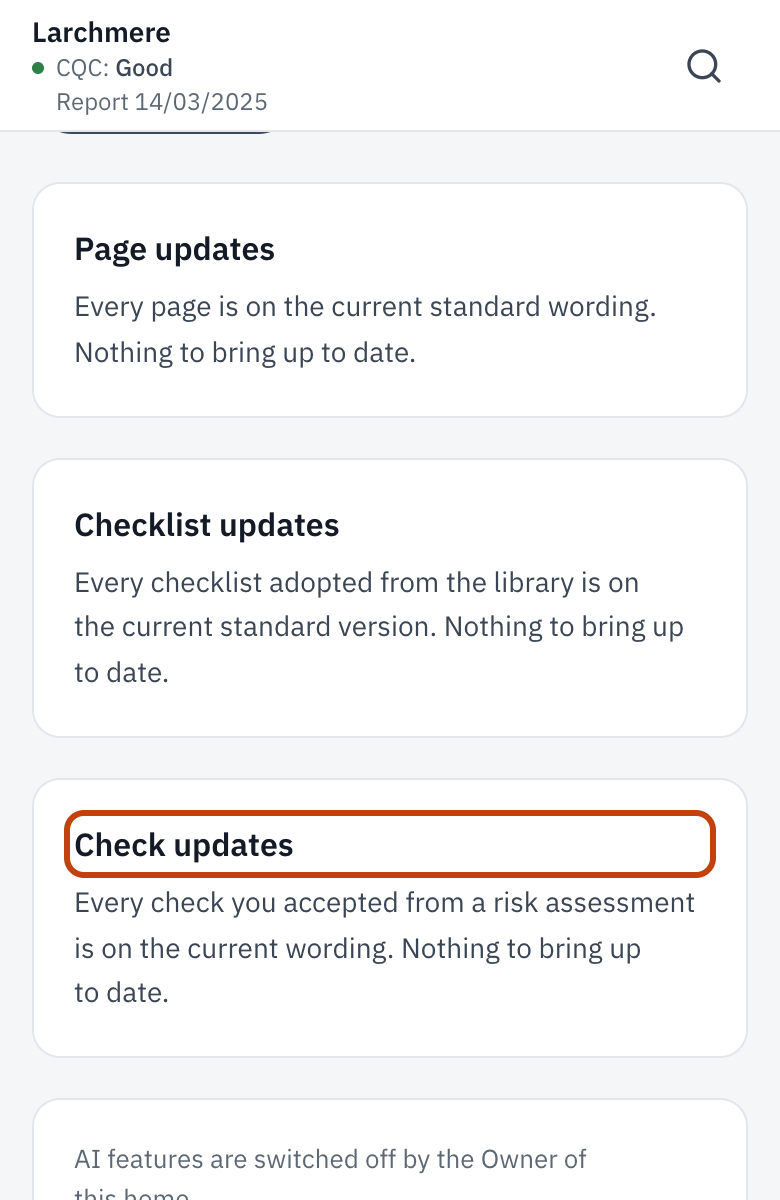 Settings, Data & updates, with Check updates outlined.