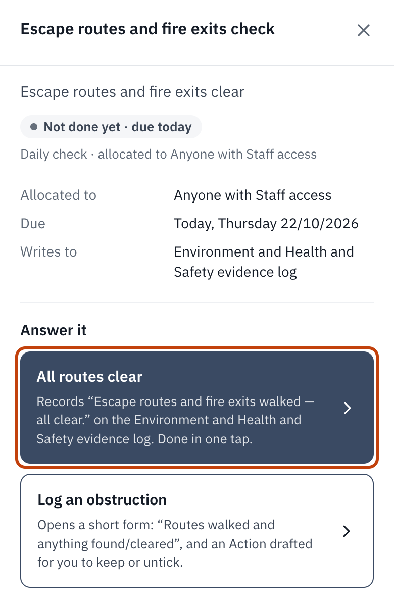 A check opened at the side, with its one-tap answer outlined.