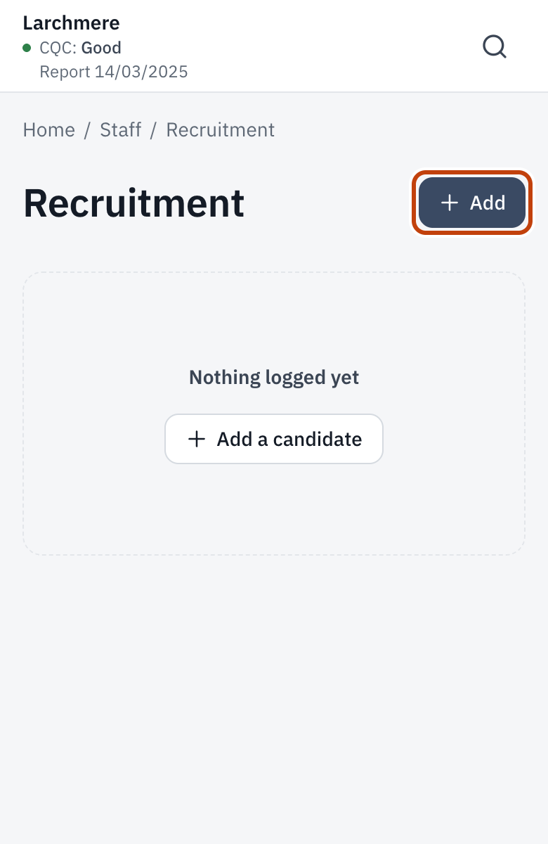 The Recruitment register, with Add a candidate.