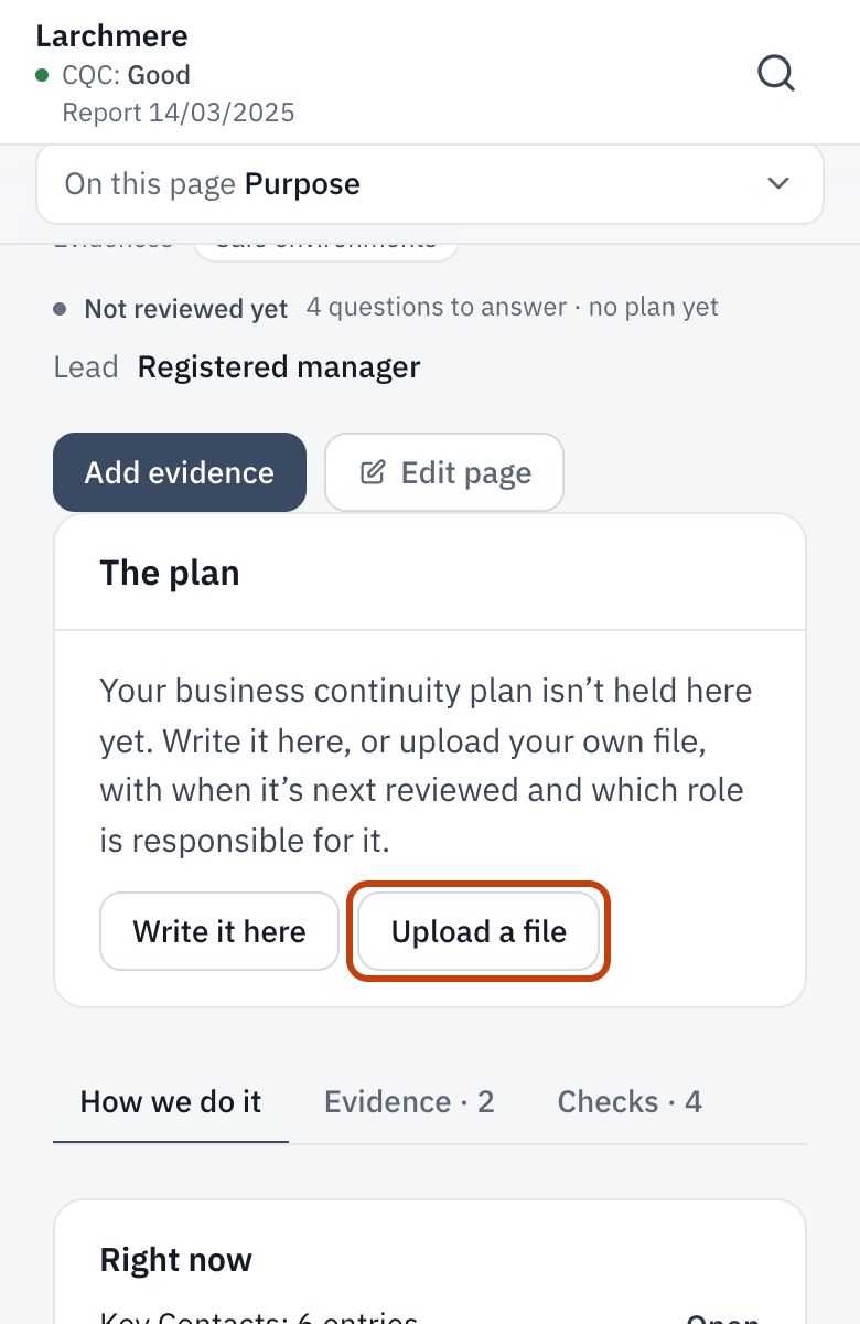 The plan on Emergency & Business Continuity, with Write it here and Upload a file.