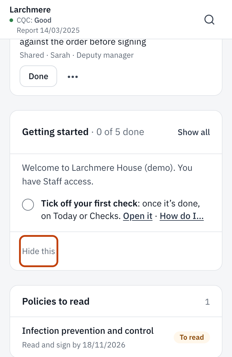 Getting started on Today, with its steps and Hide this.