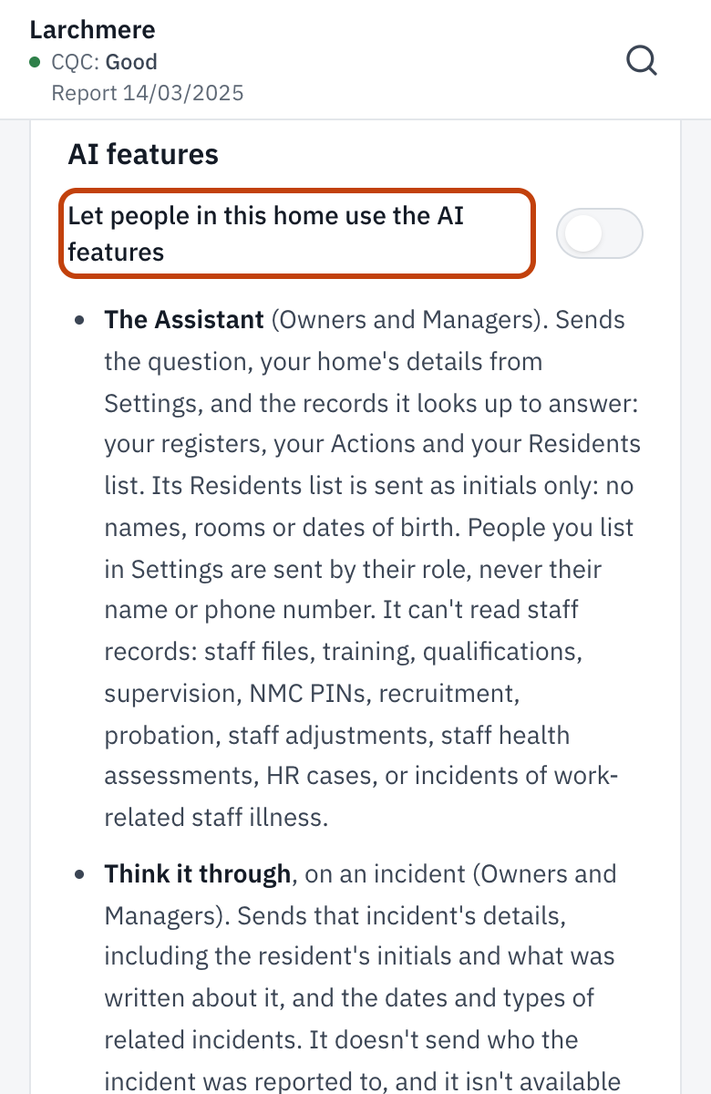 Settings, Data & updates, with the AI features switch outlined.